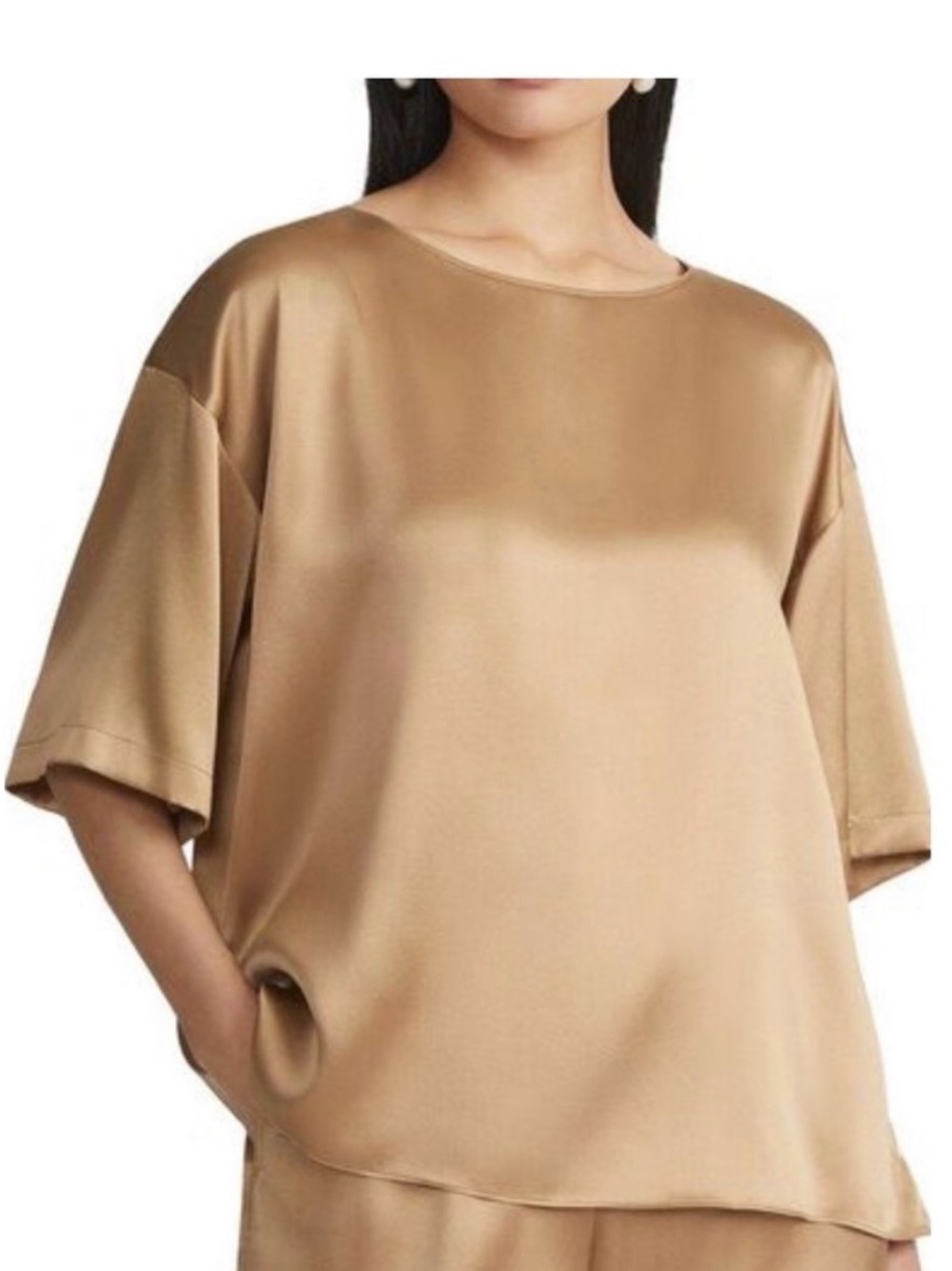 Lafayette 148 New York Relaxed Silk Short-Sleeve Top in Gold color.